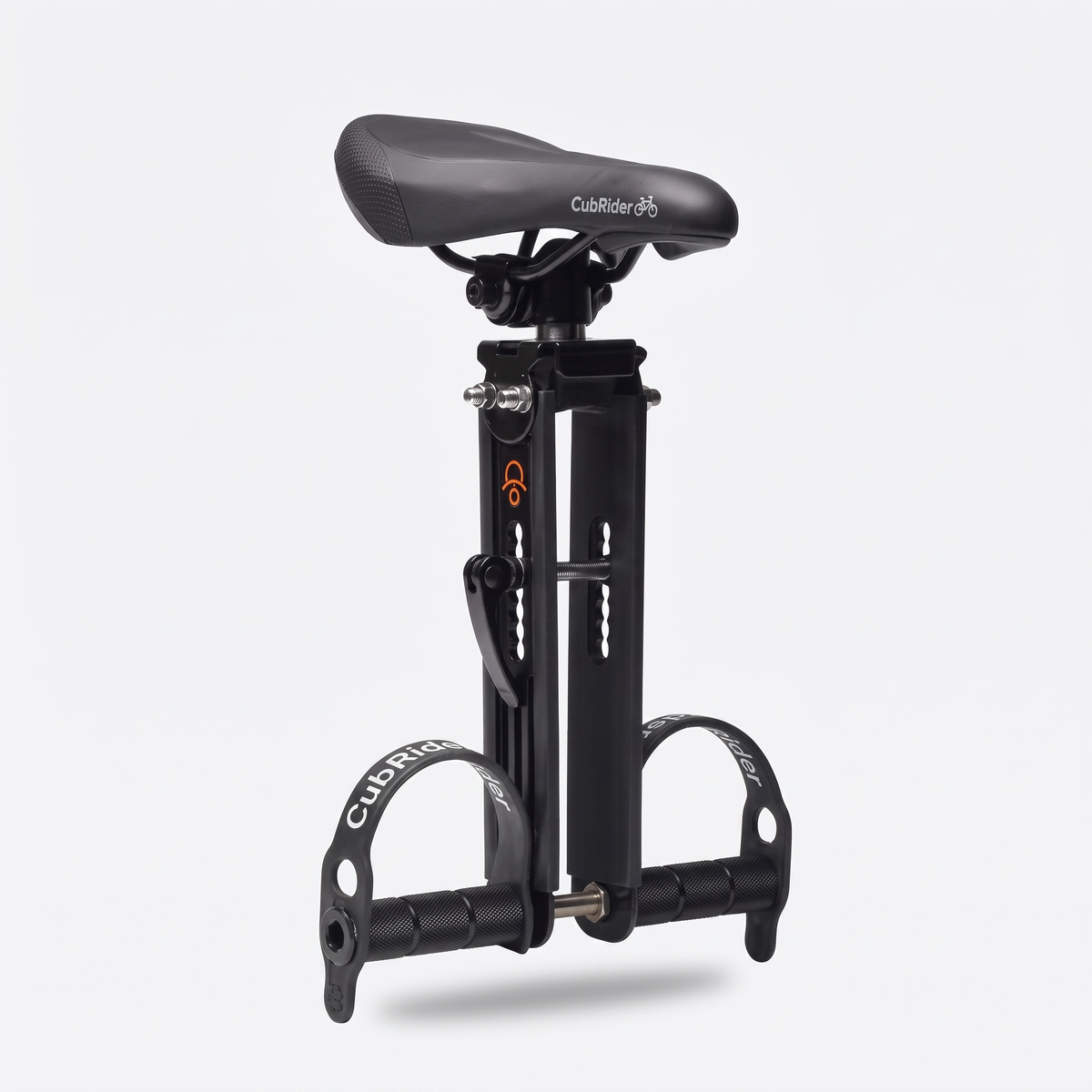 CubRider child seat assembly with saddle, mounting legs, footrests and straps